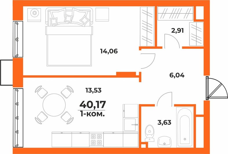 Продажа 1-комнатной квартиры 40,2 м², 7/10 этаж