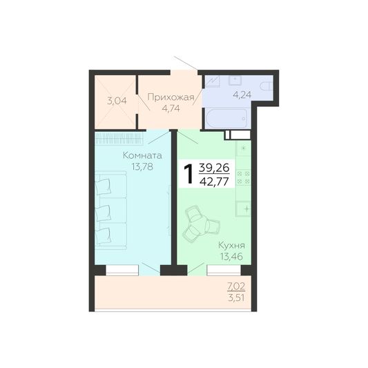 Продажа 1-комнатной квартиры 42,8 м², 3/21 этаж