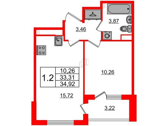 Продажа 1-комнатной квартиры 33,3 м², 2/4 этаж