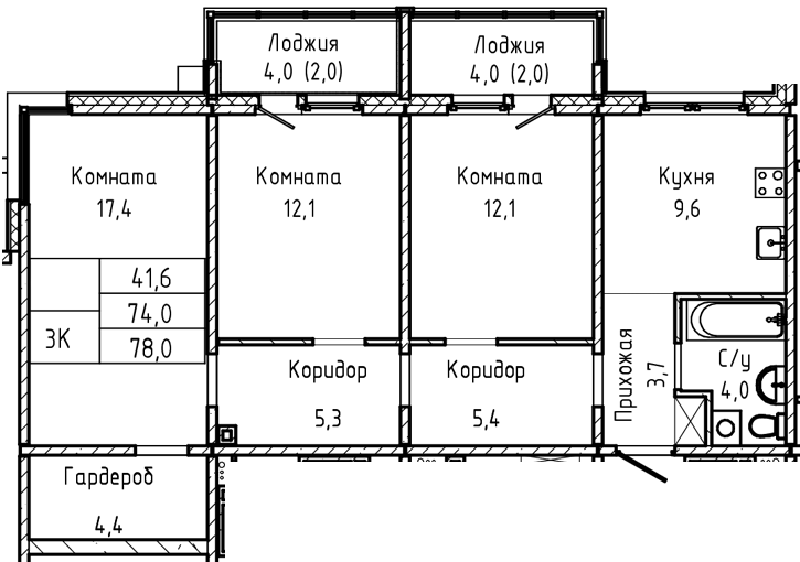 Продажа 3-комнатной квартиры 78 м², 2/17 этаж