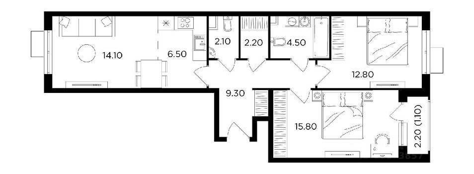 Продажа 3-комнатной квартиры 68,4 м², 14/17 этаж