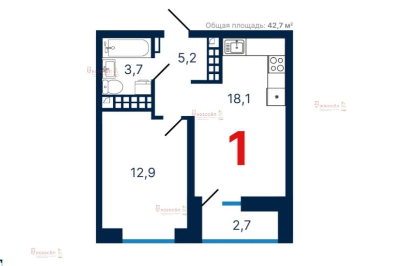 Продажа 1-комнатной квартиры 42 м², 21/25 этаж