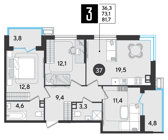 Продажа 3-комнатной квартиры 81,7 м², 8/9 этаж