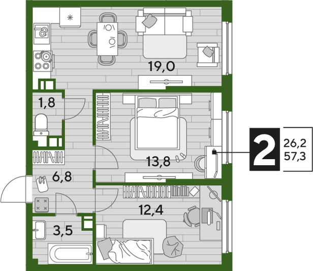 Продажа 2-комнатной квартиры 57,3 м², 9/16 этаж