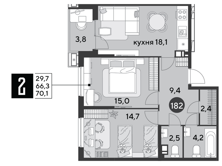 Продажа 2-комнатной квартиры 70,1 м², 3/9 этаж