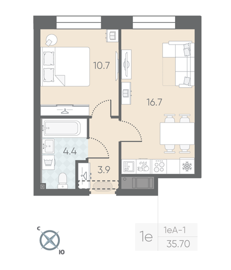 Продажа 1-комнатной квартиры 35,7 м², 4/12 этаж