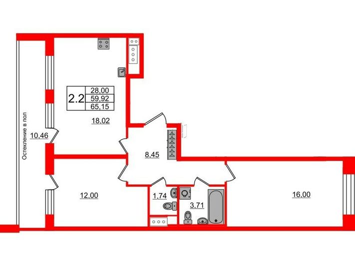 Продажа 2-комнатной квартиры 59,9 м², 4/10 этаж