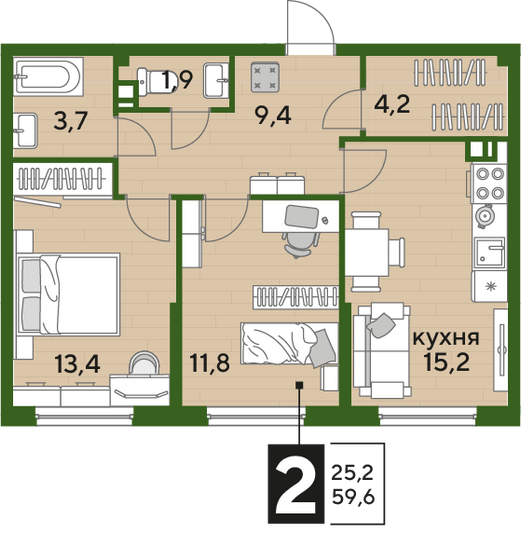 Продажа 2-комнатной квартиры 59,6 м², 4/16 этаж