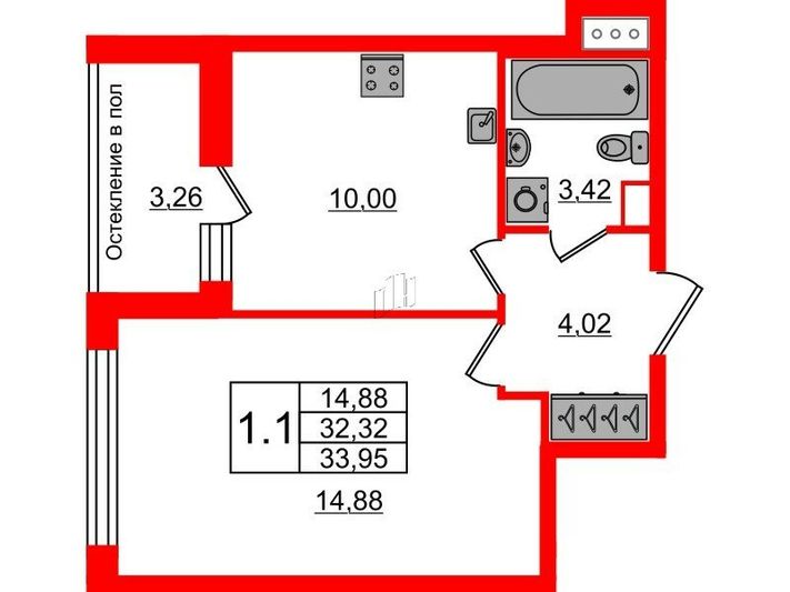 Продажа 1-комнатной квартиры 32,3 м², 9/12 этаж