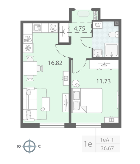 Продажа 1-комнатной квартиры 36,7 м², 16/23 этаж