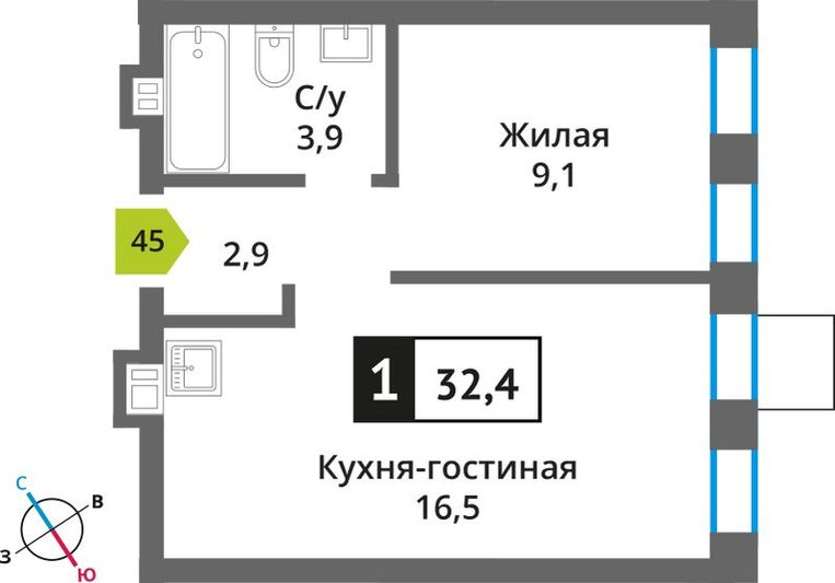 Продажа 1-комнатной квартиры 32,4 м², 7/9 этаж