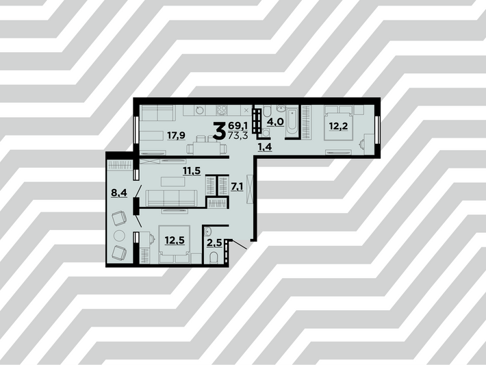 Продажа 3-комнатной квартиры 73,3 м², 2/9 этаж