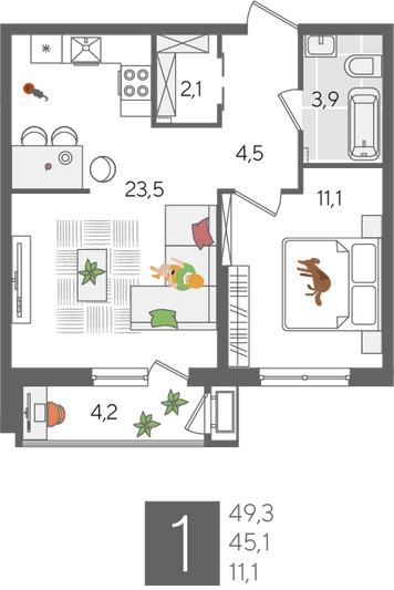 Продажа 1-комнатной квартиры 49,3 м², 2/24 этаж