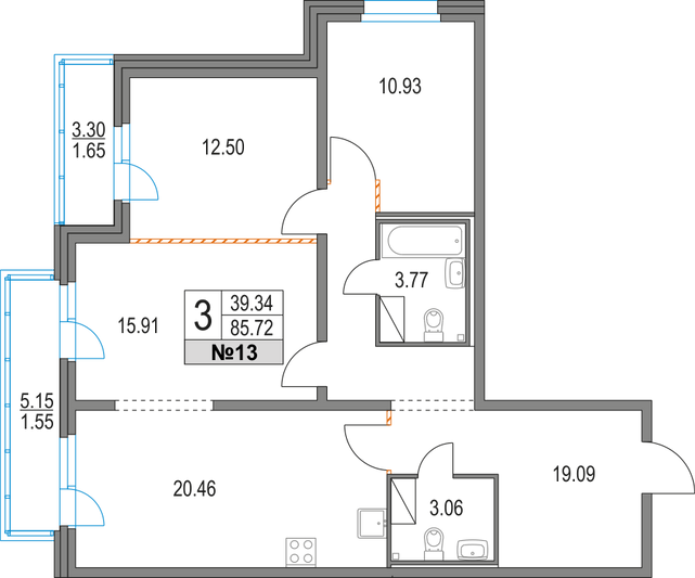 Продажа 3-комнатной квартиры 85,7 м², 3/19 этаж