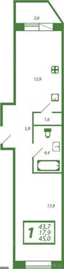 Продажа 1-комнатной квартиры 45 м², 9/20 этаж