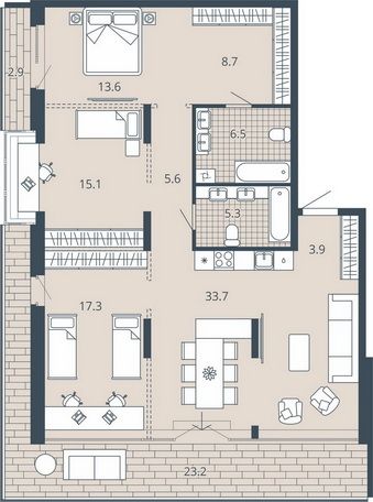 Продажа 3-комнатной квартиры 124,2 м², 9/23 этаж