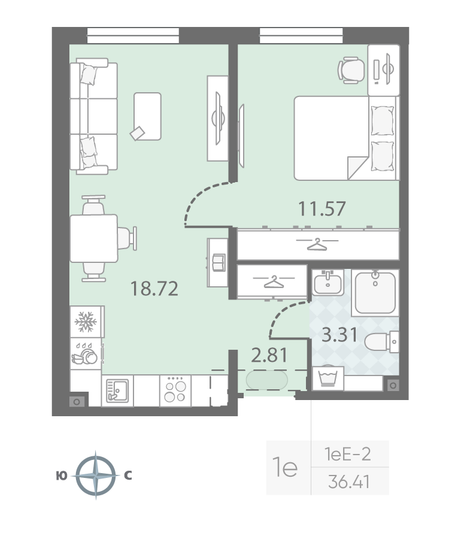 Продажа 1-комнатной квартиры 36,4 м², 2/23 этаж