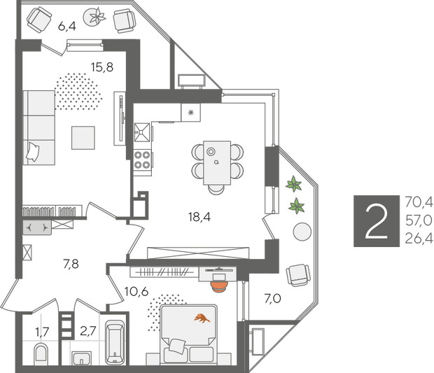 Продажа 2-комнатной квартиры 70,4 м², 20/24 этаж