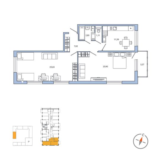 Продажа 2-комнатной квартиры 75,2 м², 5/7 этаж