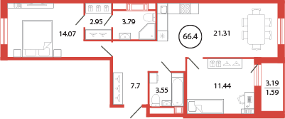 Продажа 2-комнатной квартиры 66,4 м², 12/12 этаж