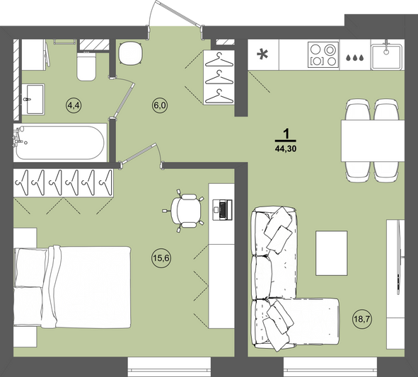 Продажа 1-комнатной квартиры 44,3 м², 1/9 этаж