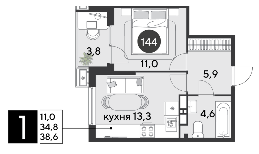 Продажа 1-комнатной квартиры 38,6 м², 16/18 этаж