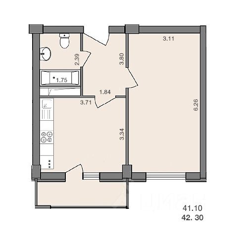 Продажа 1-комнатной квартиры 42,3 м², 2/13 этаж