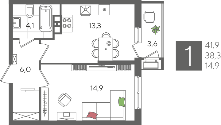 Продажа 1-комнатной квартиры 41,9 м², 9/24 этаж