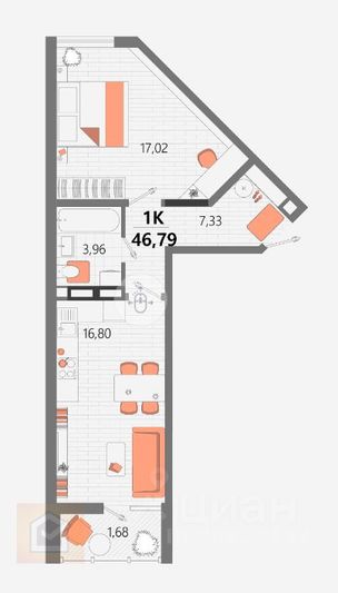 Продажа 1-комнатной квартиры 46,8 м², 8/13 этаж