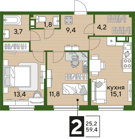 Продажа 2-комнатной квартиры 59,4 м², 13/16 этаж