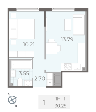 Продажа 1-комнатной квартиры 30,3 м², 3/15 этаж