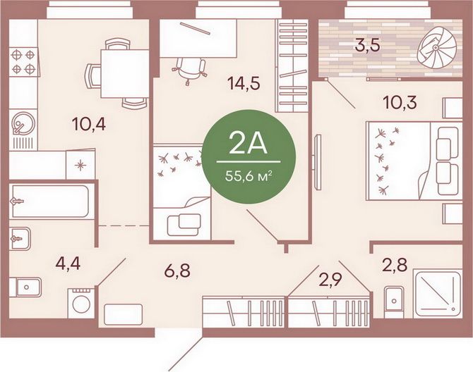 Продажа 2-комнатной квартиры 55,6 м², 8/17 этаж