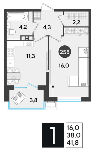 Продажа 1-комнатной квартиры 41,8 м², 4/9 этаж