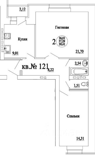 Продажа 2-комнатной квартиры 59,4 м², 7/10 этаж