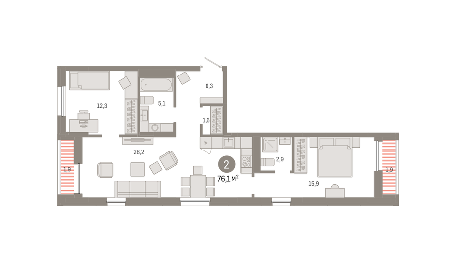 Продажа 2-комнатной квартиры 76,1 м², 13/17 этаж