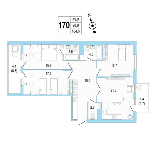 Продажа 3-комнатной квартиры 105 м², 5/8 этаж