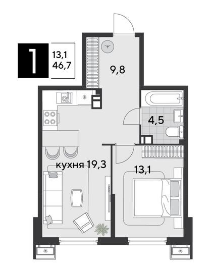 Продажа 1-комнатной квартиры 46,7 м², 3/9 этаж