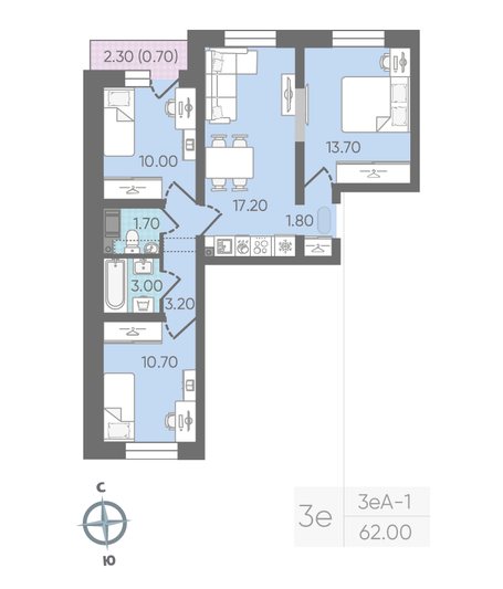 Продажа 3-комнатной квартиры 62 м², 6/16 этаж