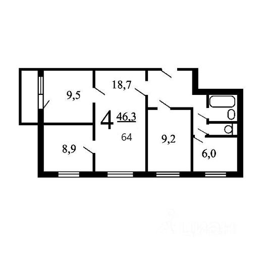 Продажа 4-комнатной квартиры 64 м², 6/9 этаж