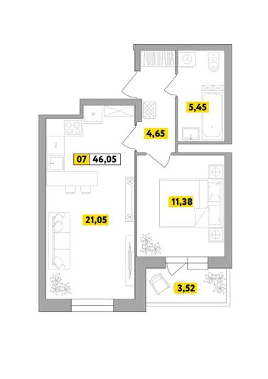 Продажа 2-комнатной квартиры 46 м², 7 этаж