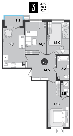 Продажа 3-комнатной квартиры 92,7 м², 6/9 этаж