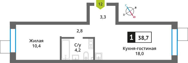 Продажа 1-комнатной квартиры 38,7 м², 2/6 этаж
