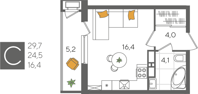 Продажа квартиры-студии 29,7 м², 17/24 этаж