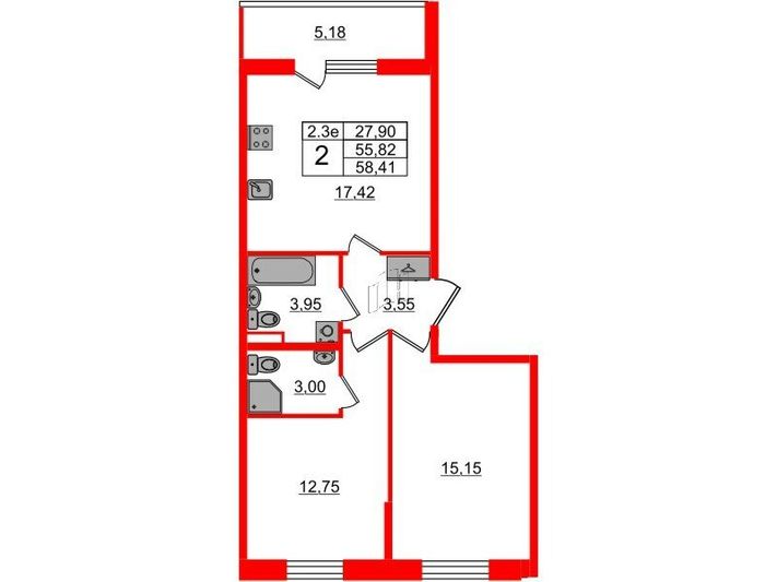 Продажа 2-комнатной квартиры 55,8 м², 2/5 этаж