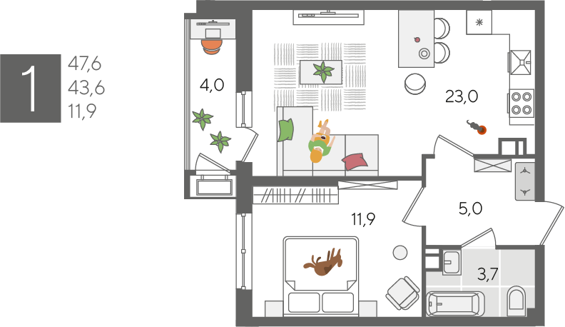 Продажа 1-комнатной квартиры 47,6 м², 9/24 этаж