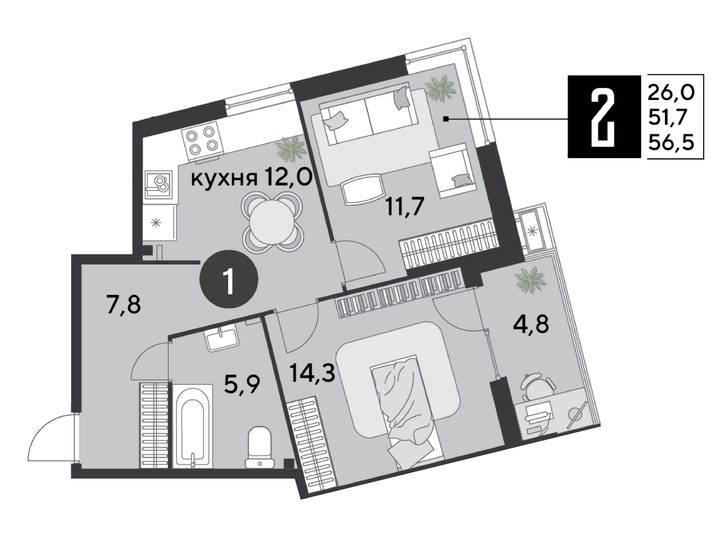 Продажа 2-комнатной квартиры 56,5 м², 2/18 этаж