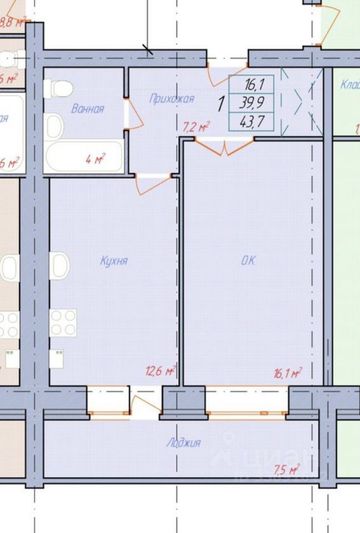 Продажа 1-комнатной квартиры 44 м², 6/10 этаж