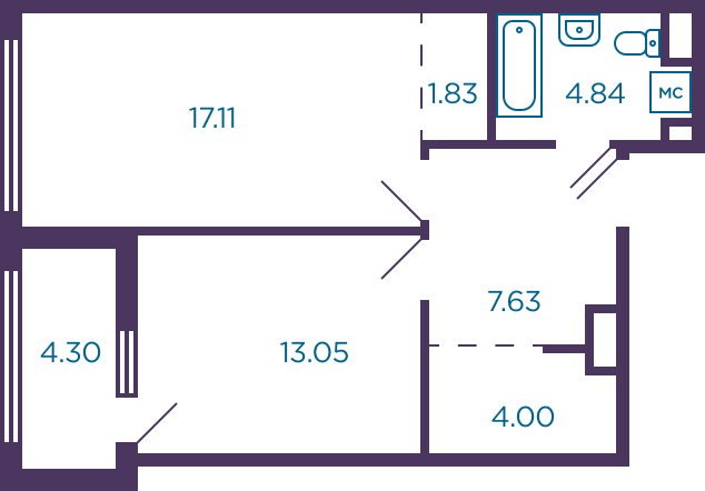 Продажа 1-комнатной квартиры 48,7 м², 1/8 этаж