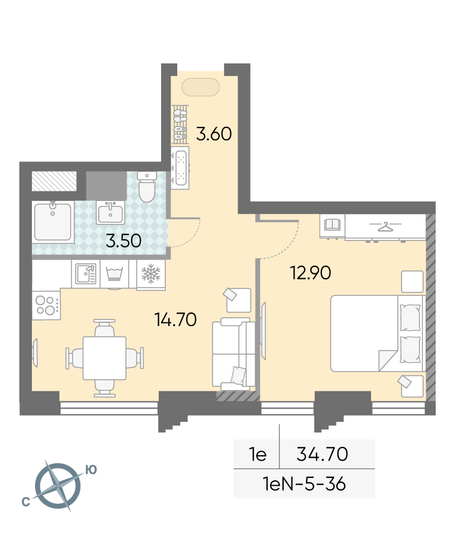 Продажа 1-комнатной квартиры 34,7 м², 36/58 этаж