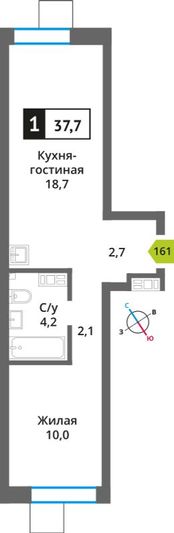 Продажа 1-комнатной квартиры 37,7 м², 5/6 этаж